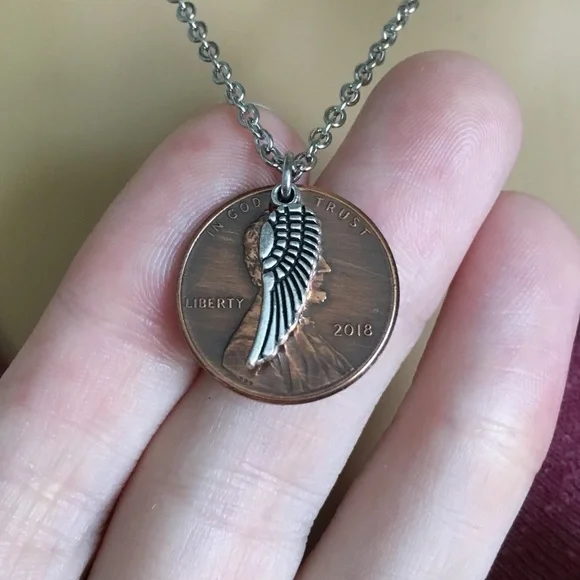 1959-1969 Lucky Penny Necklace Angel Wing Memorial Stainless Steel Coin Money - Picture 6 of 11